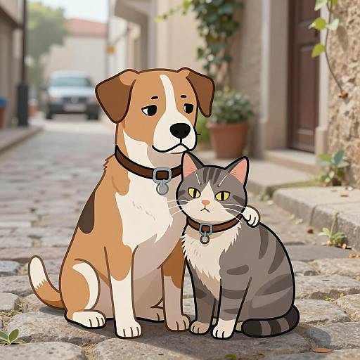 Dog and Cat Embrace on Cobblestone Street