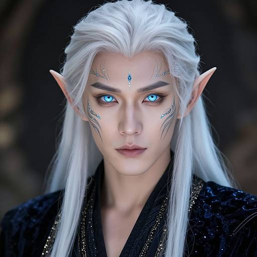 Digital artwork of a white-haired, pale-skinned elf with striking blue eyes, pointed ears, and intricate blue facial markings, wearing a black, orn