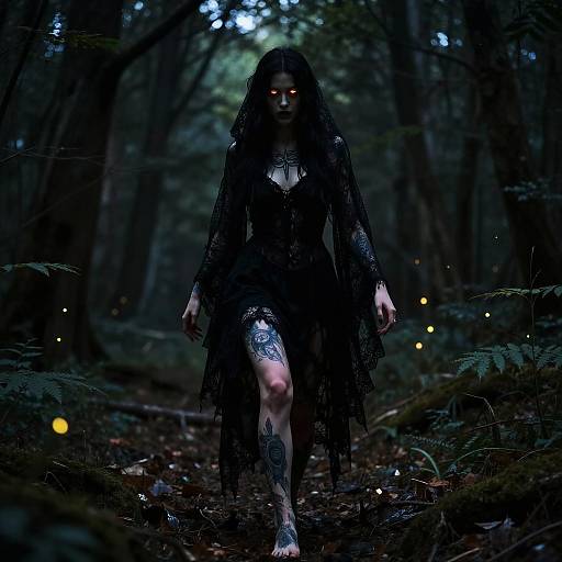 Ghostly Woman with Glowing Eyes in Dark Forest