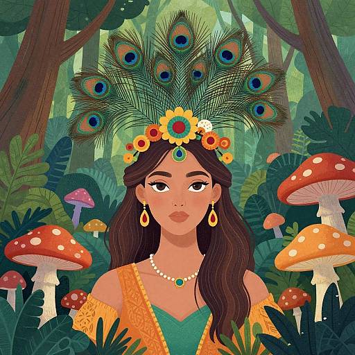 Digital illustration of a serene, dark-haired woman in a peacock-feathered crown, yellow flowers, and orange dress, surrounded by mushrooms in a
