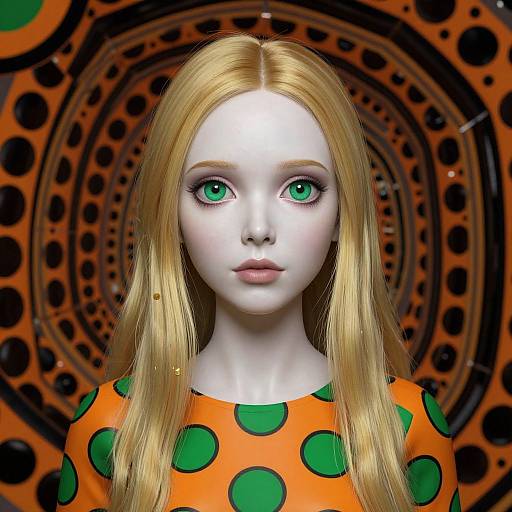 Digital portrait of a pale-skinned, green-eyed woman with long blonde hair wearing an orange top with green polka dots, set against a vibrant,