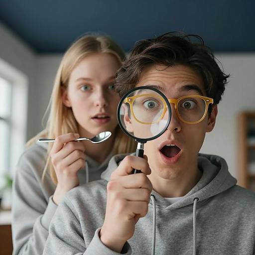 Surprised Duo with Magnifying Glass