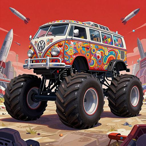 Vibrant, graffiti-covered, giant Volkswagen bus with massive tires, set against a bright red sky with floating rockets and cityscape ruins. Digital art