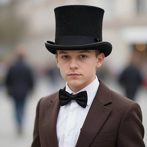 Photograph of a young Caucasian boy with fair skin, wearing a black top hat, brown suit, white shirt, and black bow tie, standing outdoors
