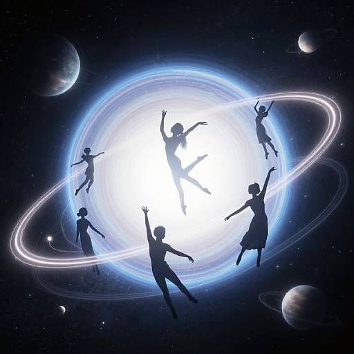 Silhouetted girls dancing around a glowing, blue-white ring in a starry, planetary space, creating circular light trails. Digital art.