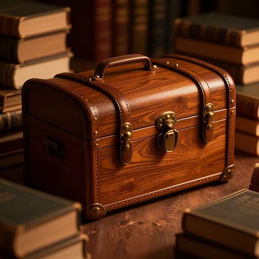 Photograph of a shiny, wooden, vintage-style chest with brass locks, surrounded by stacked, old books in a dimly lit library.