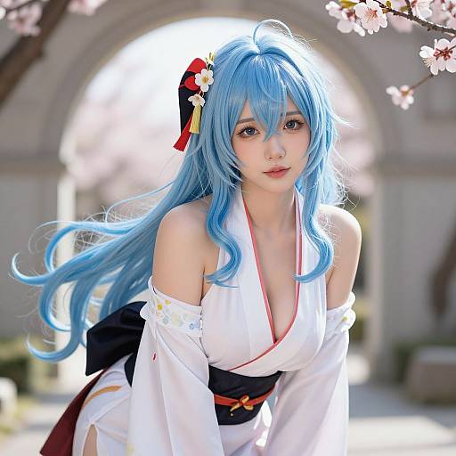 Photograph of an Asian woman with blue hair, wearing a white, off-shoulder kimono, floral hairpin, and black obi,