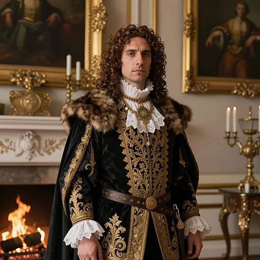 Photograph of a curly-haired man in elaborate black velvet robe with gold embroidery, fur trim, white ruffled shirt, standing in front of ornate