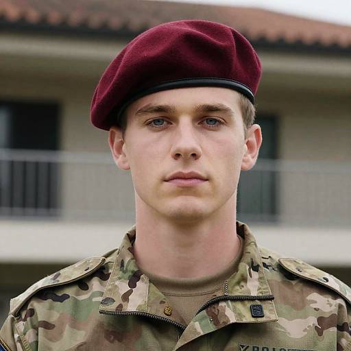 Young Man in Beret and Camouflage Uniform