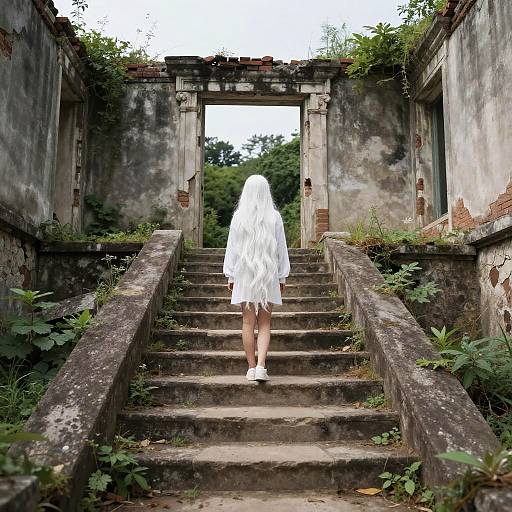 Photograph of a person with a long white veil, standing on weathered stone steps, leading to a dilapidated, overgrown archway.