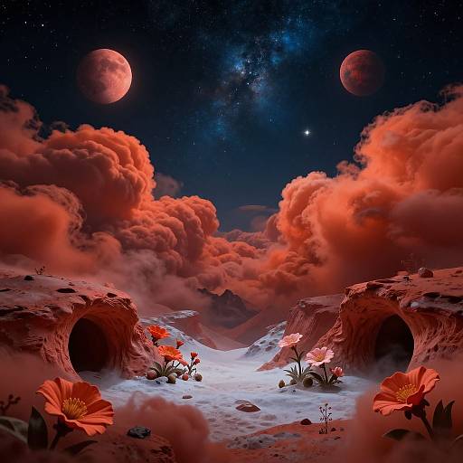 Digital artwork of a surreal, cosmic landscape with vibrant red clouds, two dark caves, red flowers, and two glowing red planets in a starry night