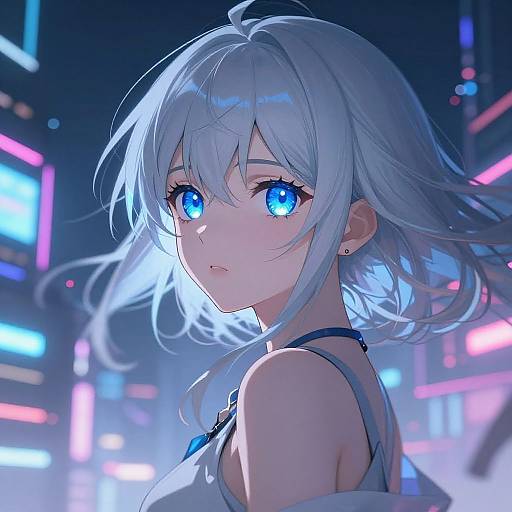 Digital anime artwork of a beautiful, blue-eyed girl with silver hair in a neon-lit, futuristic cityscape, wearing a white, off-should