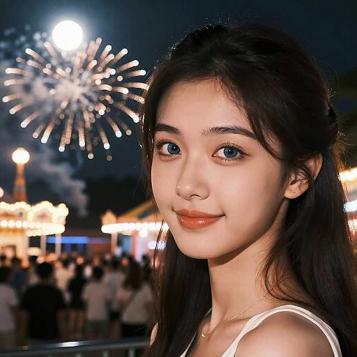 Beautiful woman at amusement park with fireworks
