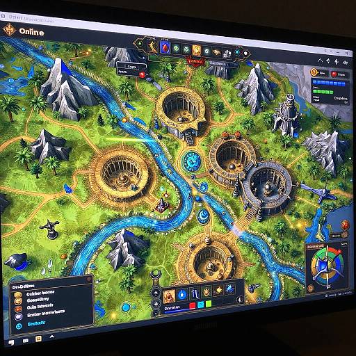 Vivid digital tabletop game board with glowing yellow rings, blue rivers, mountains, and forest, featuring various icons and menu options.