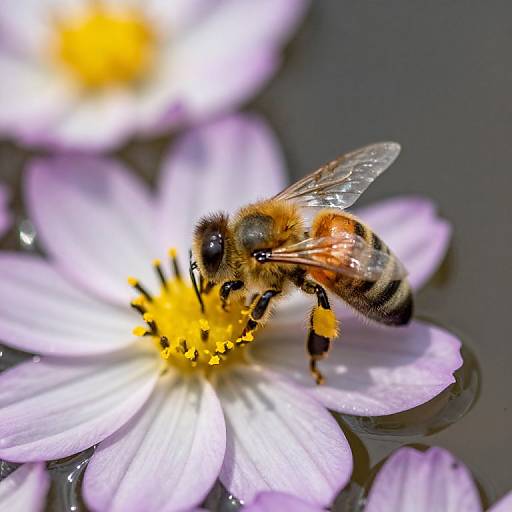 Close-up photograph of a honeybee with translucent wings, black and yellow striped abdomen, and fuzzy body, pollinating a pale purple daisy with a