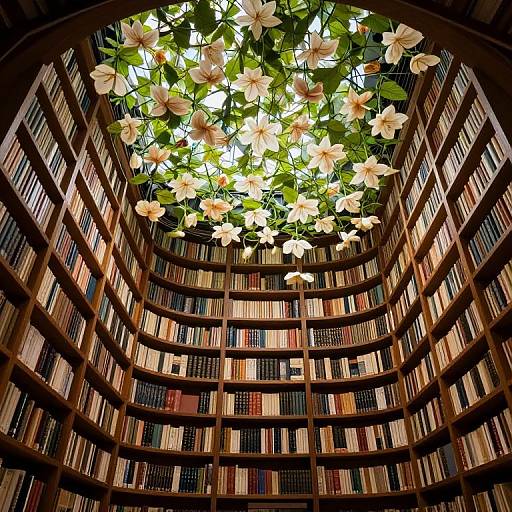 Photograph of a circular wooden library with shelves filled with books, illuminated by a ceiling of white flowers and green leaves.