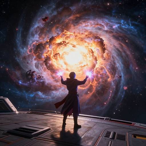 Silhouetted figure with glowing hands stands on spaceship deck, facing vibrant, swirling galaxy with intense orange and blue lights.