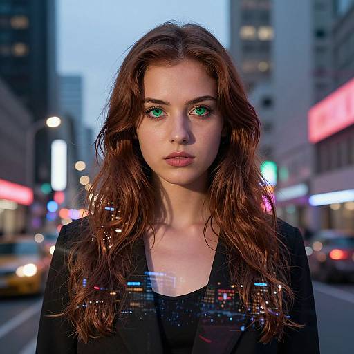 Photograph of a young woman with long, wavy brown hair, green eyes, and a serious expression, standing in a brightly lit, urban street