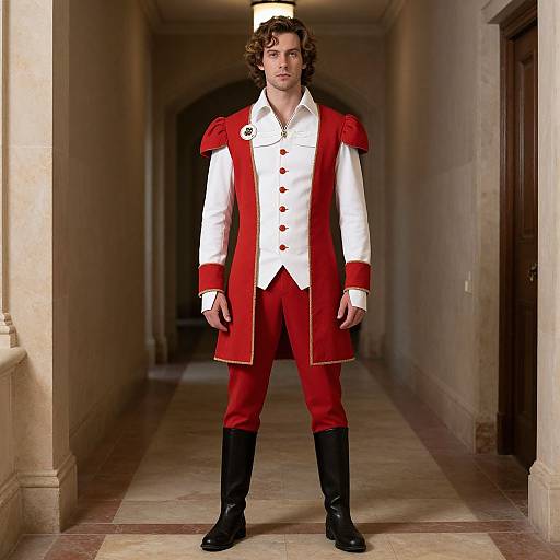 Photograph of a young man with curly brown hair, wearing a red and white 18th-century-style military coat, red pants, black boots,