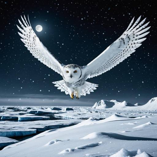 Snowy Owl Flying Over Moonlit Arctic Landscape