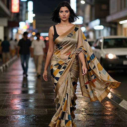 Photograph of a confident woman in a gold and geometric-patterned saree, walking a rainy city street at night, surrounded by blurred neon lights and