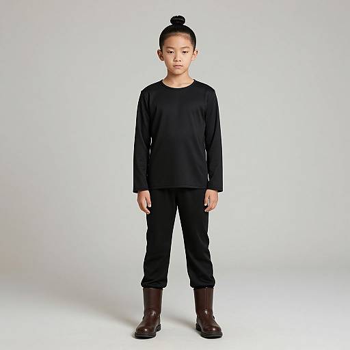 Photograph of a young Asian boy with a topknot, wearing a black long-sleeve shirt, black pants, and brown boots, standing