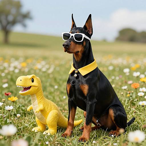 Photograph of a black and tan Doberman wearing white sunglasses and a yellow collar, sitting beside a yellow dinosaur toy in a sunny field with white and
