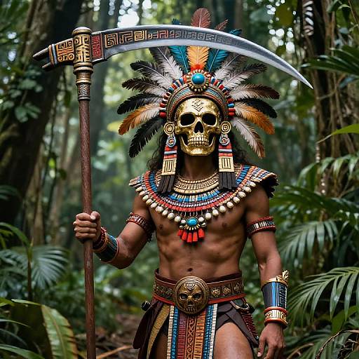 Photograph of a muscular, shirtless indigenous warrior in a dense jungle, wearing a gold skull headdress, colorful feathered headpiece, and intricate