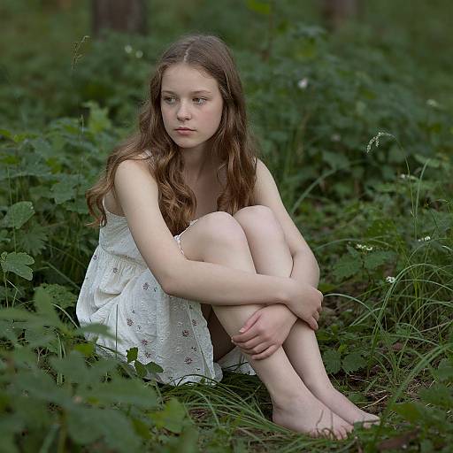 Photograph of a young Caucasian woman with long brown hair, wearing a white, sleeveless, floral dress, sitting barefoot in a lush green forest