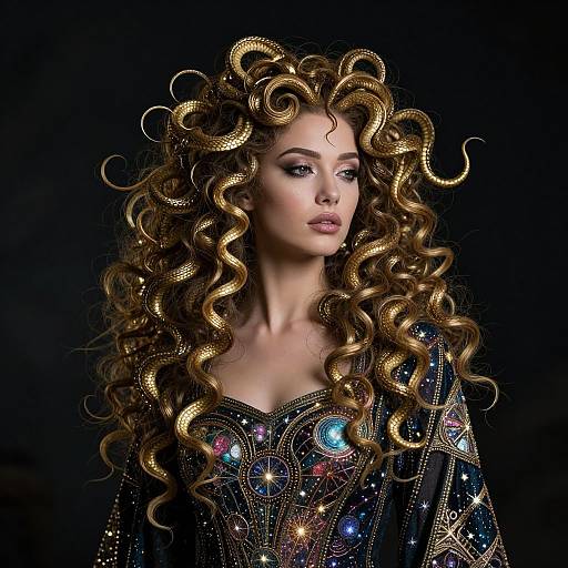 Photograph of a pale-skinned woman with voluminous, curly, gold-accented hair, wearing a starry, gem-embellished