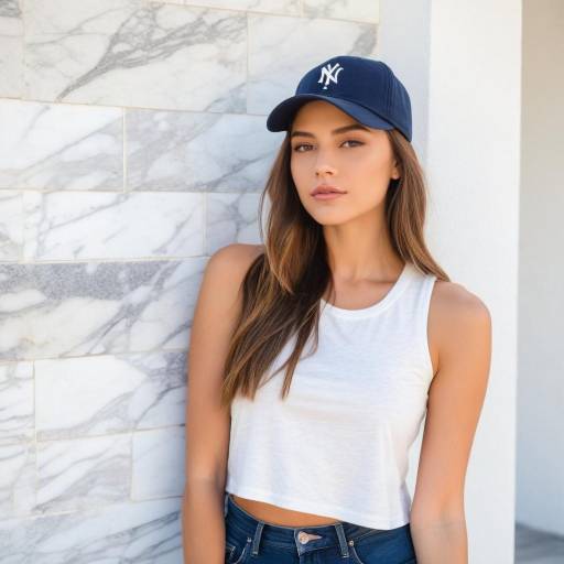 Young Woman in Navy Cap and White Crop Top