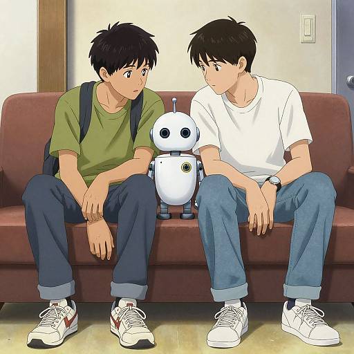 Digital anime-style drawing of two black-haired boys in green and white shirts, blue jeans, and white sneakers, sitting on a brown couch with a small