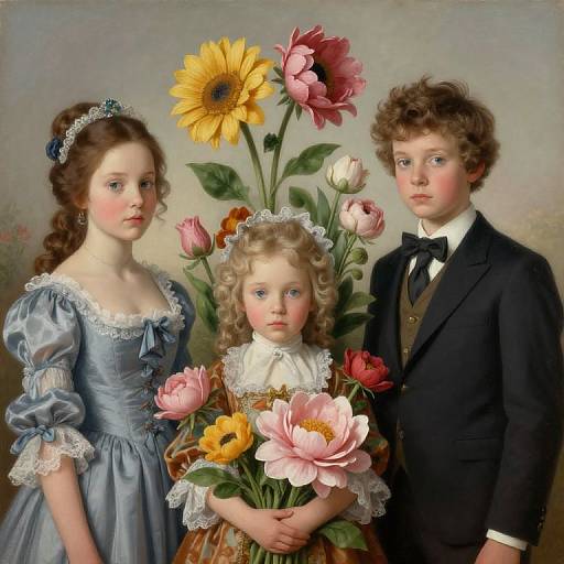 Photograph-style painting of three Victorian children holding large, colorful flowers; girl in blue dress, middle child in lace dress, boy in black suit.