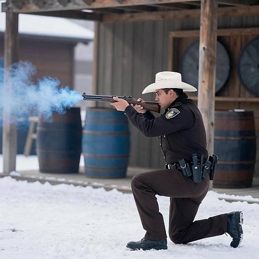 Cowboy Hat Officer Firing in Snow