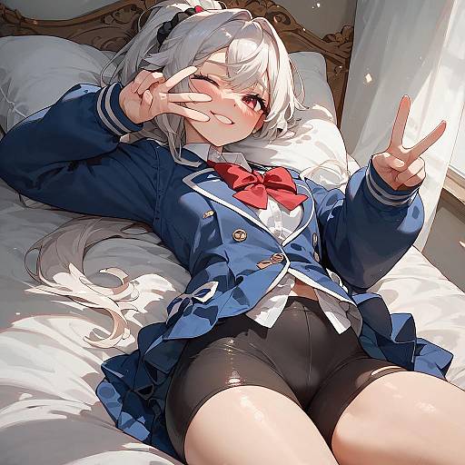 Anime Girl in School Uniform Making Peace Signs