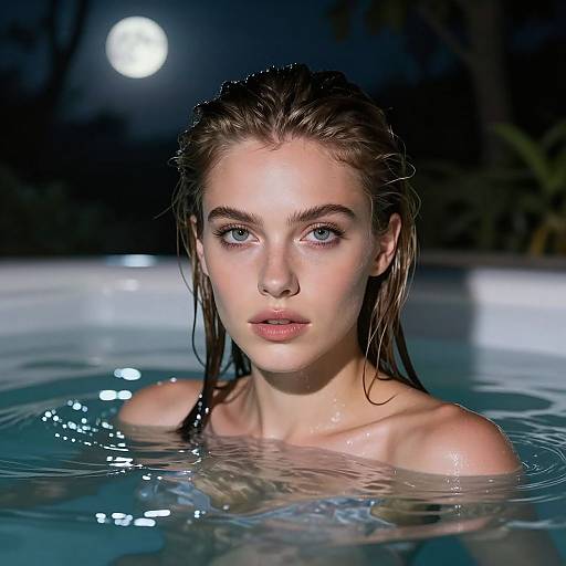 Photograph of a wet, fair-skinned woman with blue eyes, slicked-back brown hair, gazing forward in a moonlit pool.