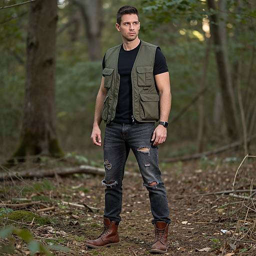 Photograph of a muscular, Caucasian man with short dark hair, wearing a green vest, black t-shirt, ripped jeans, brown boots, and a