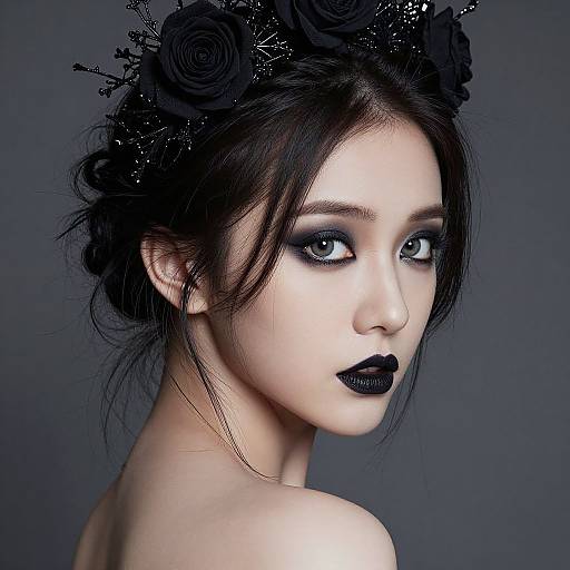 Gothic-style portrait photograph of a pale-skinned woman with black rose hair accessory, bold black makeup, and intense blue eyes.