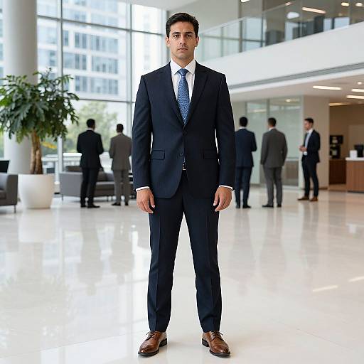 Photograph of a serious, young, dark-haired man in a black suit, white shirt, and blue tie standing in a bright, modern office with