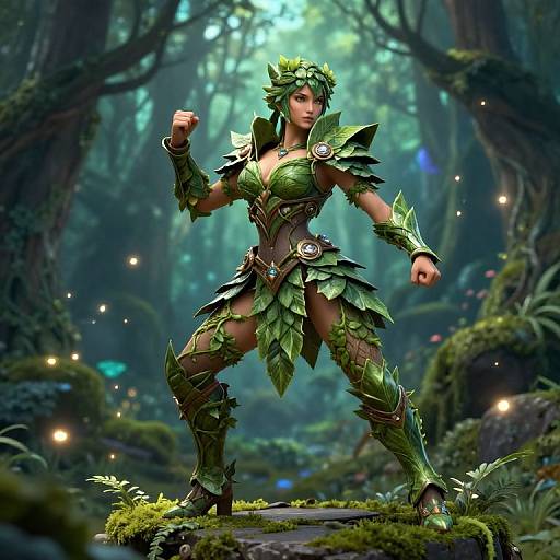 CGI fantasy image of a green-armored, leaf-crowned female warrior in a lush, enchanted forest, standing confidently with fists raised.