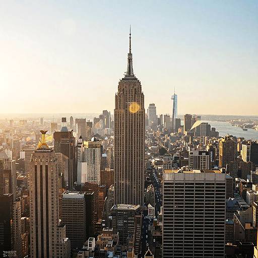 Photograph of Manhattan skyline at sunset, featuring the iconic Empire State Building prominently centered, with sunlight casting a golden glow.