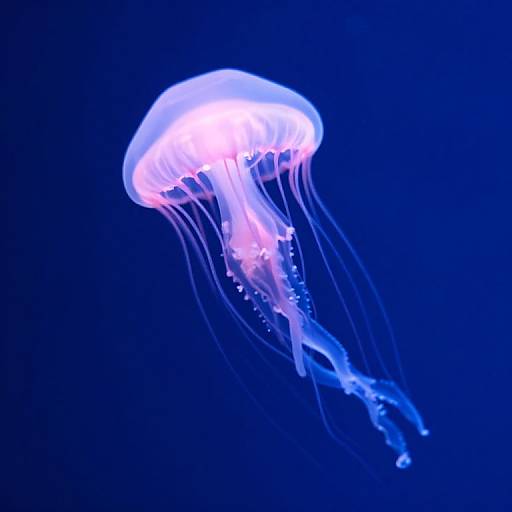Photograph of a glowing, translucent jellyfish with pink and blue hues, floating against a dark blue background, featuring delicate, flowing tentacles.