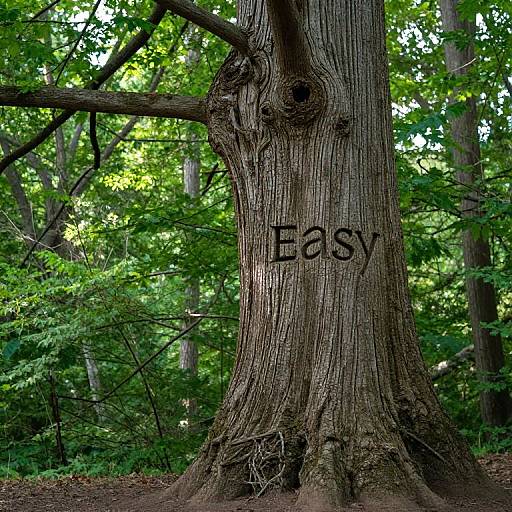 Photograph of a large, textured tree trunk in a dense forest, with the word 