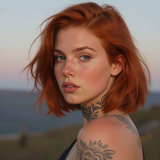 Photograph of a redheaded woman with freckles, blue eyes, and tattoos, looking over her shoulder against a blurred ocean sunset background.