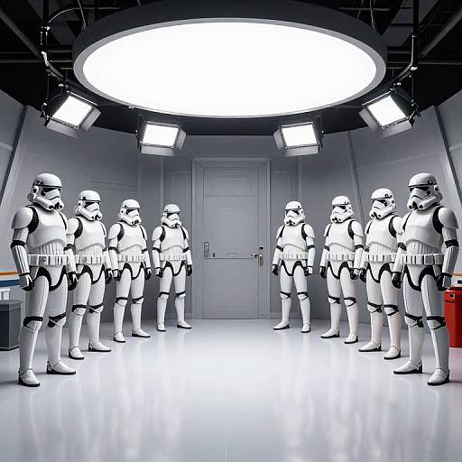Photorealistic digital illustration of eight Stormtroopers in white armor standing in a brightly lit, futuristic room with a circular overhead light and gray walls.