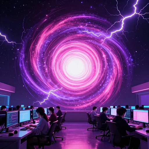 Digital artwork of a futuristic room with neon purple and pink galaxy vortex, lightning bolts, and computer monitors, where seated figures work in front of screens.