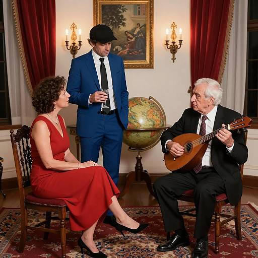 Three People in an Ornate Room Scene