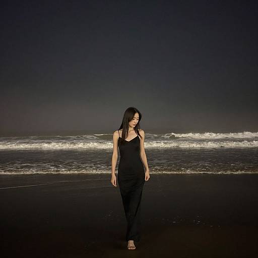 Photograph of a lone Asian woman in a black tank top and pants walking on a dark, wet beach at night, with waves and a dark sky