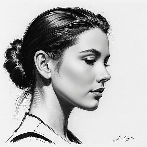 Black and White Pencil Sketch of Young Woman in Profile