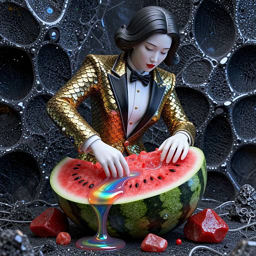 Digital artwork of an elegant woman with black hair, gold sequin jacket, and black bow tie, slicing a watermelon with vibrant red flesh, against
